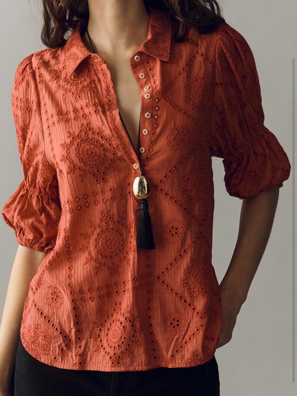 Pilcro Women's Eyelet Button-Front Top - Rust